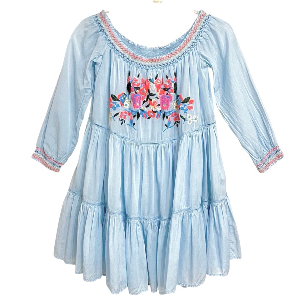 Free People Sunbeams Embroidered Tiered Mini Dress S Blue Boho Off the Shoulder